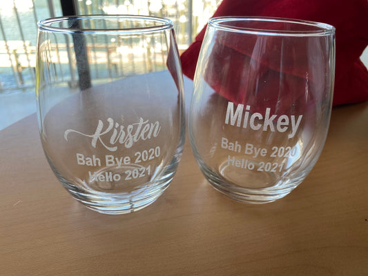 Personalized Stemless Wine Glasses, Laser Engraved, Set of 2