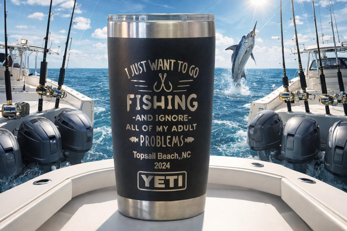 Laser Engraved 20 oz Yeti Tumbler, Fishing Design, Personalized Cup